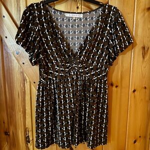 Studio M Polka Dot Babydoll Top Size Large Brown & White Short Sleeve